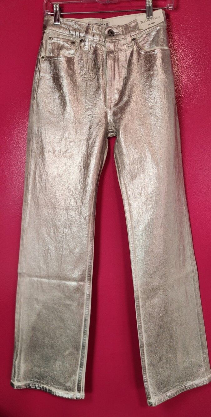Abercrombie & Fitch 90s Relaxed High Rise Jeans Womens 24 00R Silver Metallic